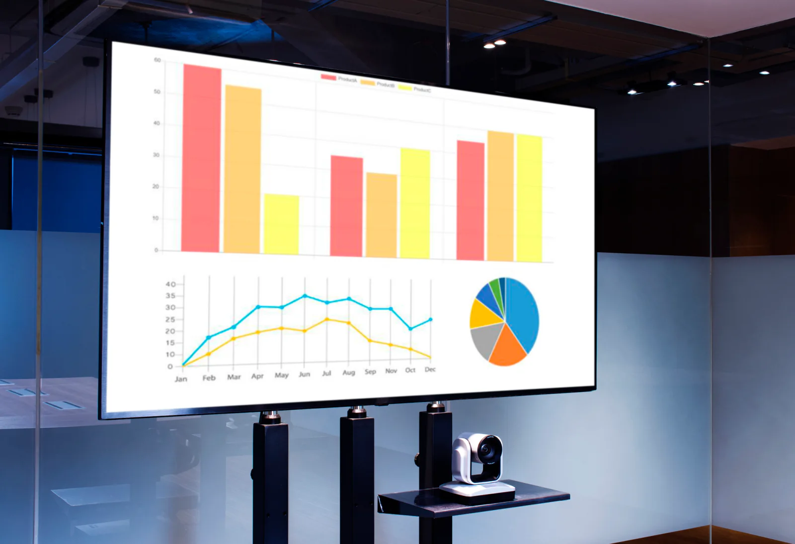 Large flat panel display on a floor stand showing branded event content in a lobby or conference environment