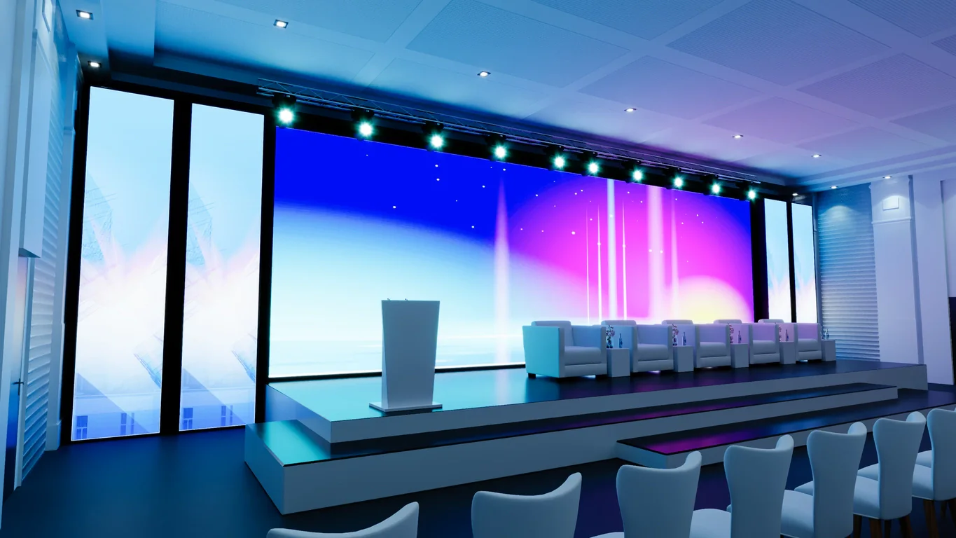 Streaming setup with lighting camera and microphone for webinar interview or hybrid event production