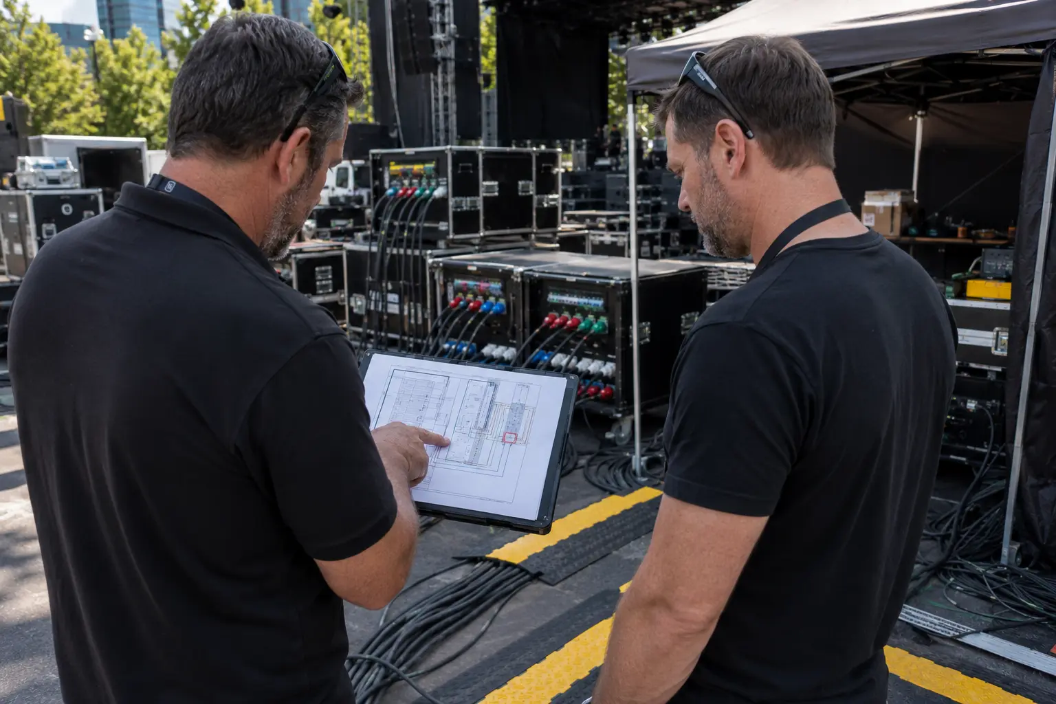 Event production team reviewing power distribution plans and load management for a temporary venue