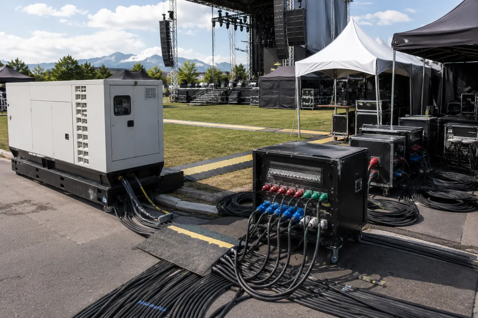 Outdoor event power package with generator and distribution equipment supporting a temporary festival setup