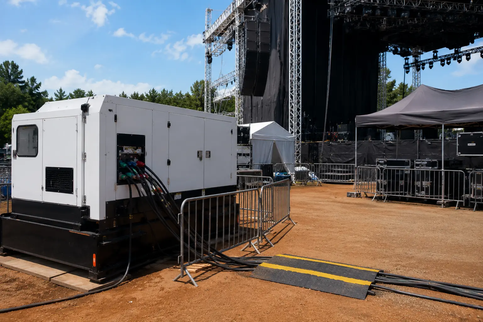 Portable generator rental supporting outdoor event power distribution for a temporary venue