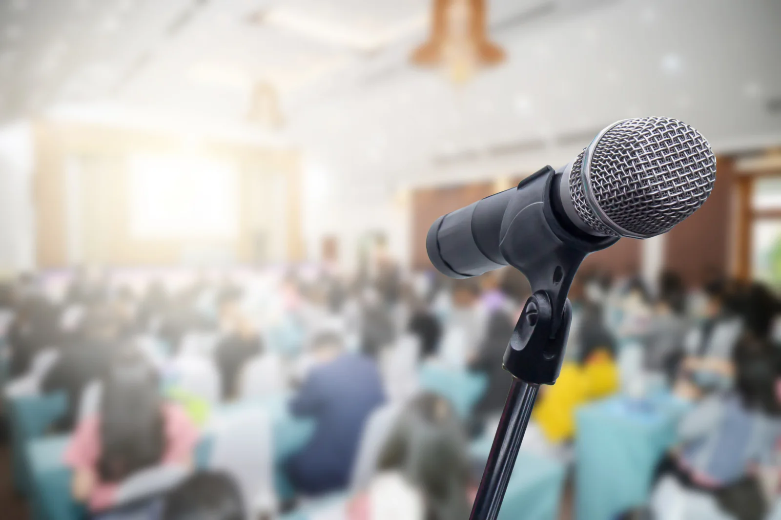 Large venue sound system with speakers mixer and event audio setup for a ballroom or keynote stage