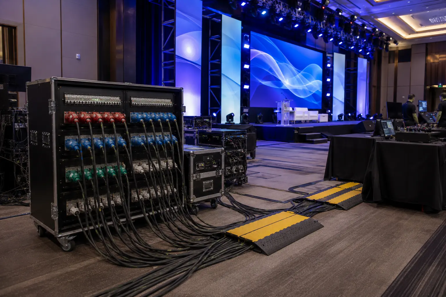Corporate event power distribution supporting LED walls lighting and AV equipment for a product launch