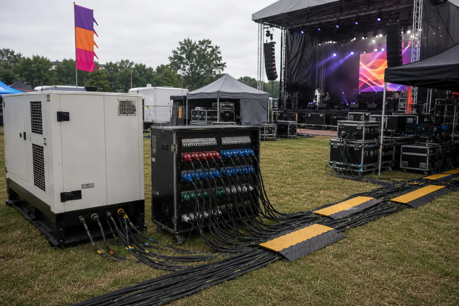 Outdoor festival power distribution with generators and event cabling supporting a temporary production site