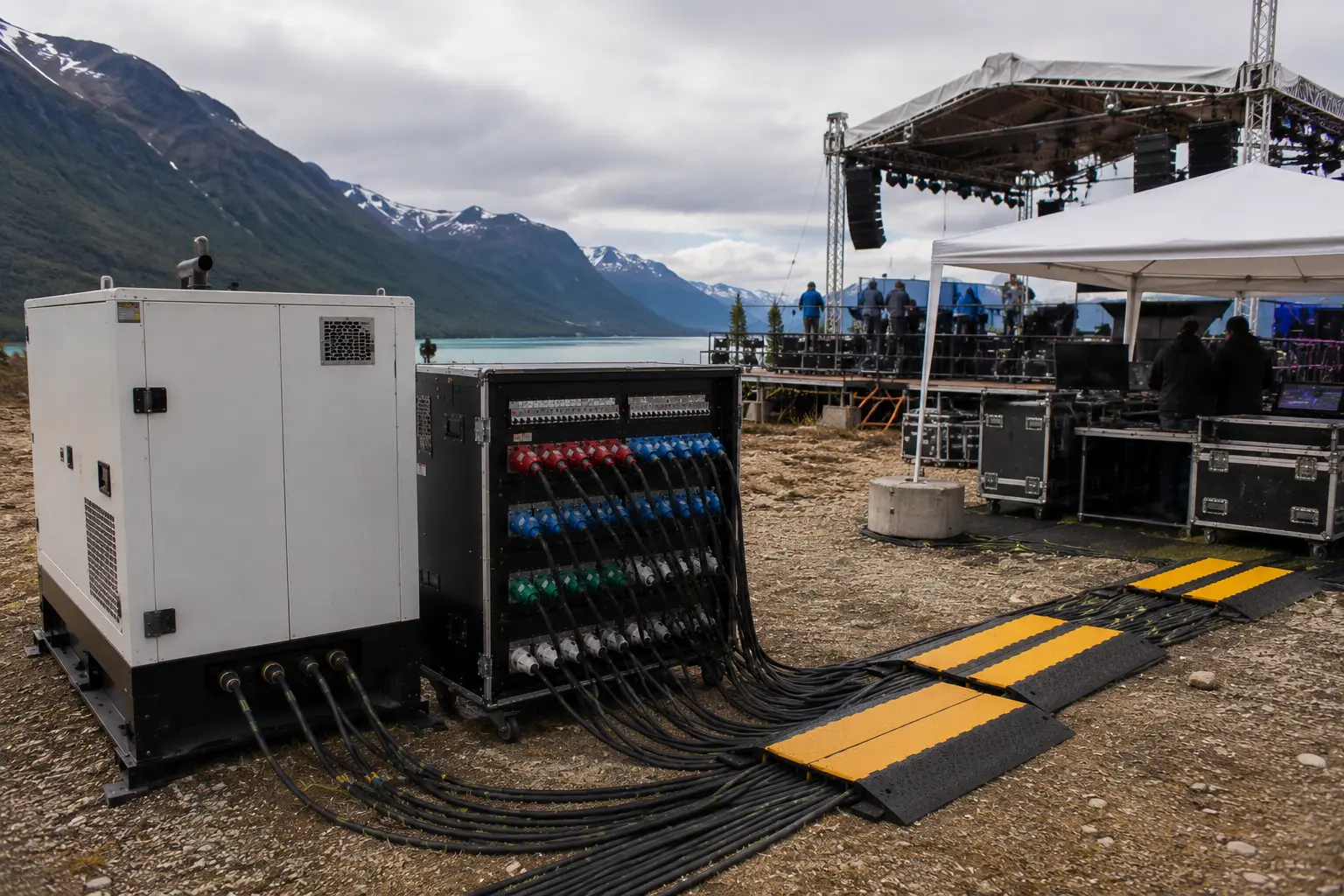 Temporary worksite power setup with generator and distribution equipment supporting remote field operations