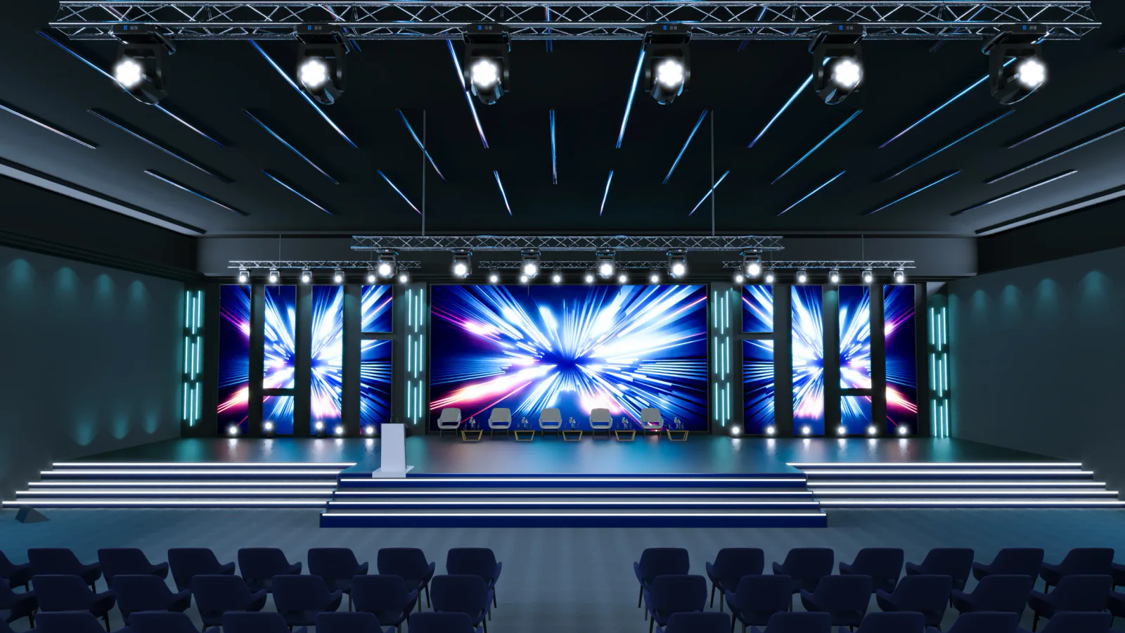 Video wall behind a keynote stage during a conference or general session event