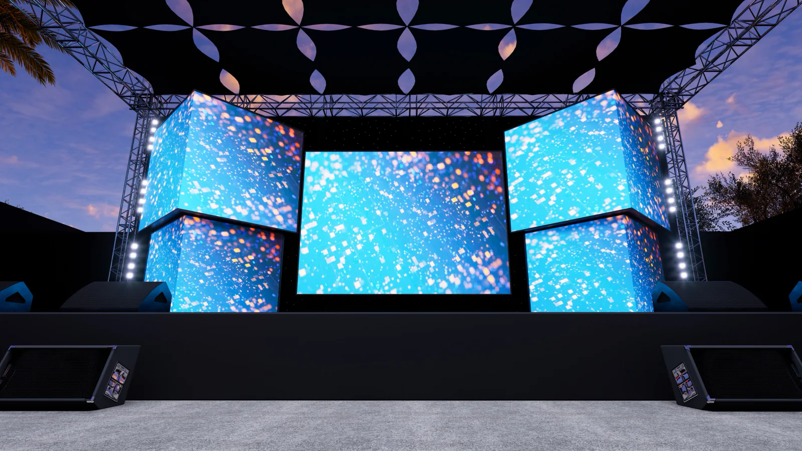 Video wall as centerpiece in a trade show booth displaying bold branded content and product demos
