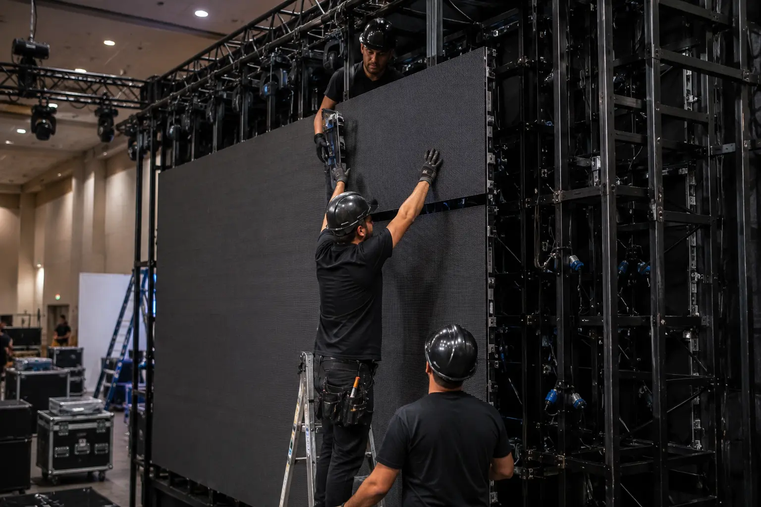 Technicians installing an LED video wall for a corporate event display environment