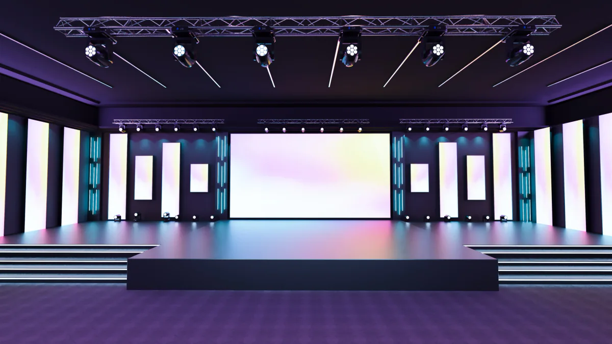 Stage video wall setup behind presenters during a keynote or general session program