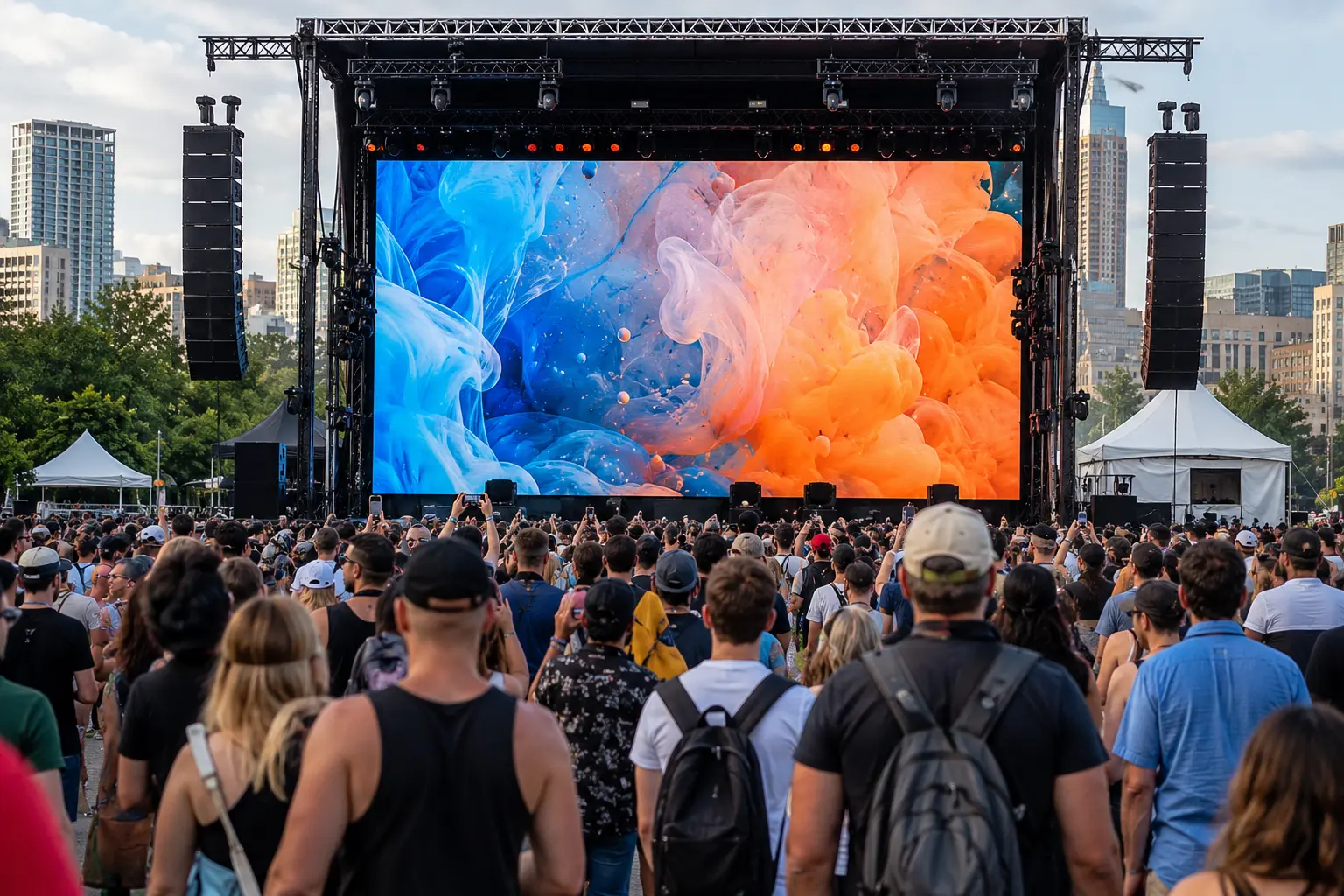 Outdoor LED video wall rental at a festival or live event showing bright visuals for a large audience