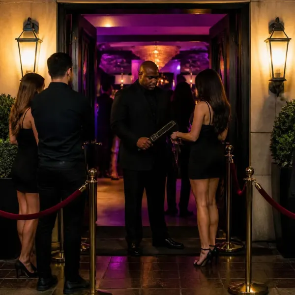 Entertainment venue entrance with metal detector security screening