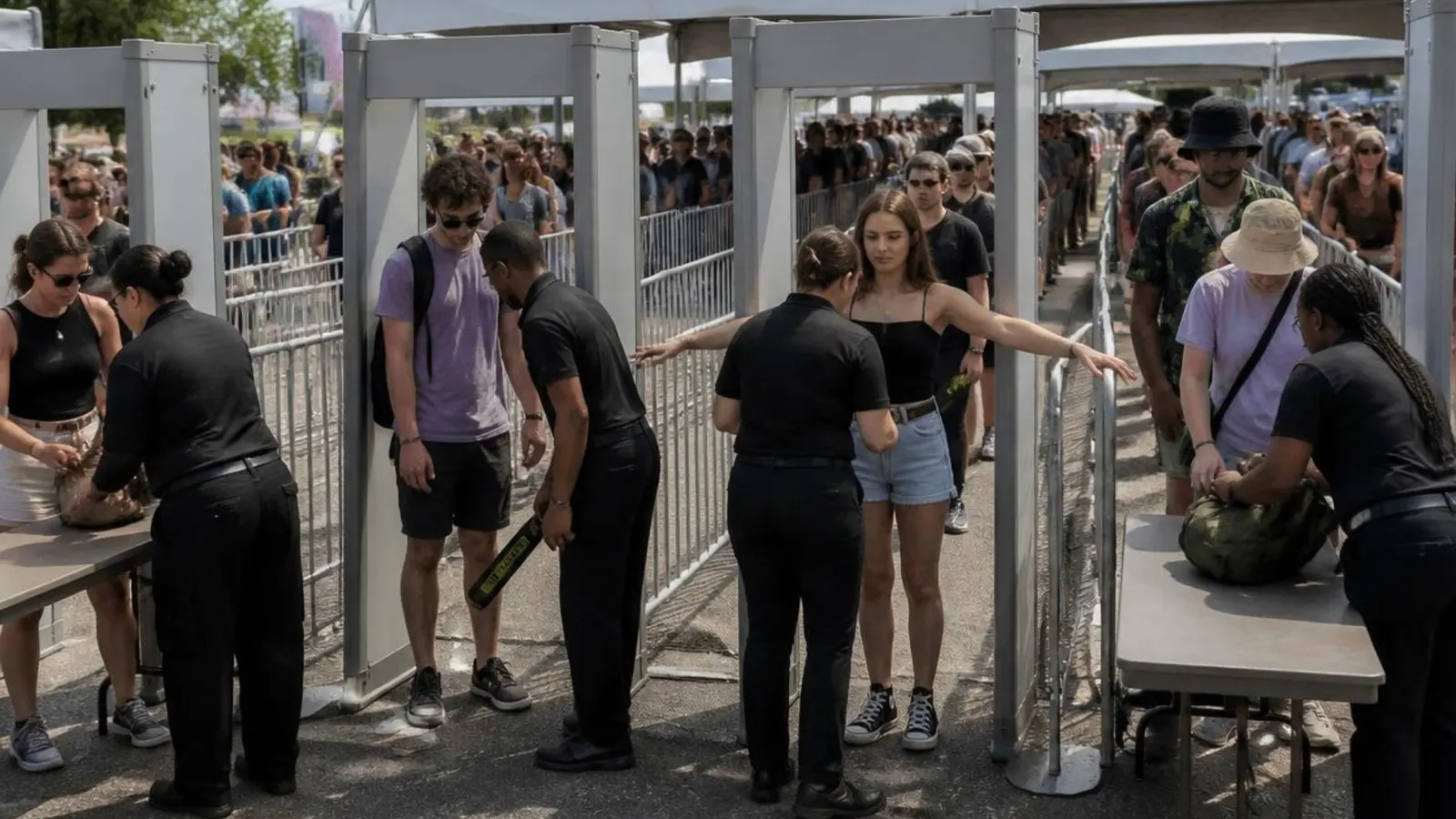 Event guests passing through multiple walk-through metal detector screening lanes