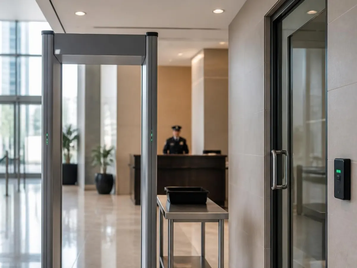 Metal detector screening area with security camera and access-controlled entrance