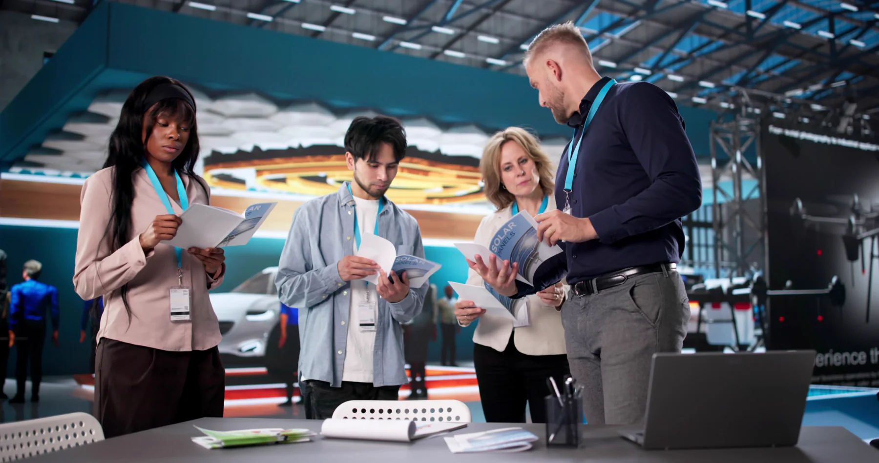 Trade show floor with exhibitor booths displays tablets demo stations and attendee engagement technology