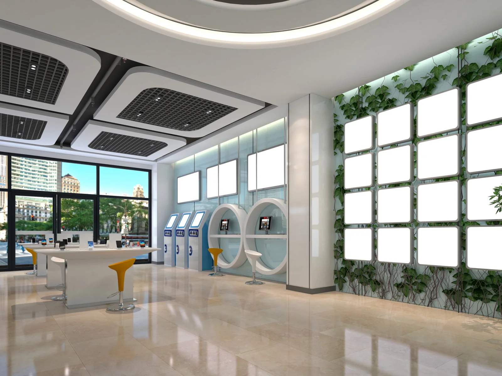 Convention center with multiple concurrent sessions, registration counters, and digital signage in a large lobby
