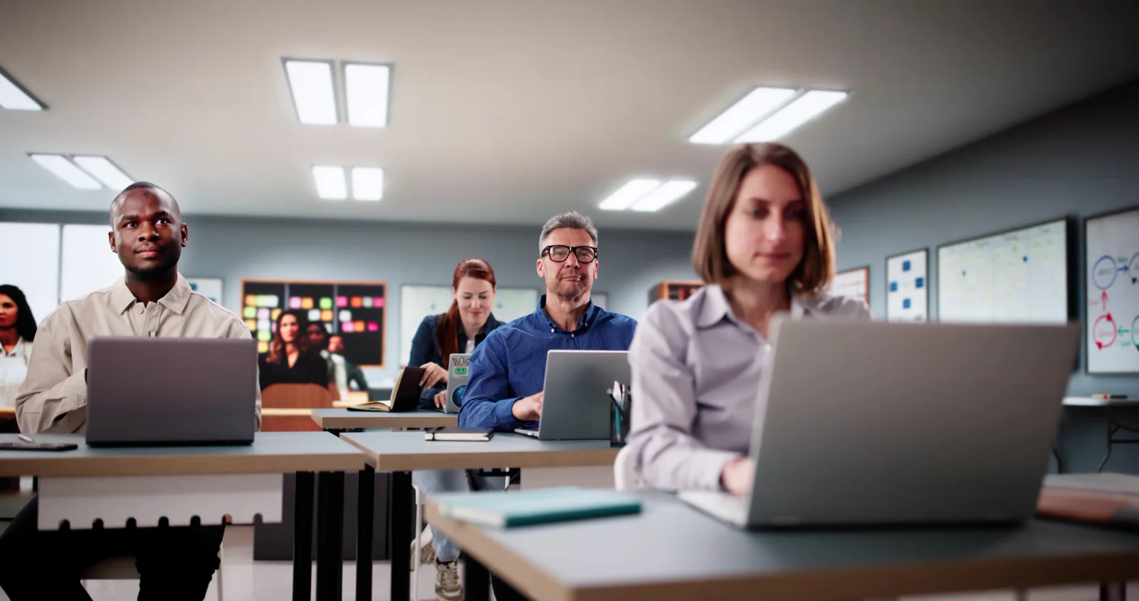 Certification or exam training room with matching laptops and standardized classroom device setup for structured learning