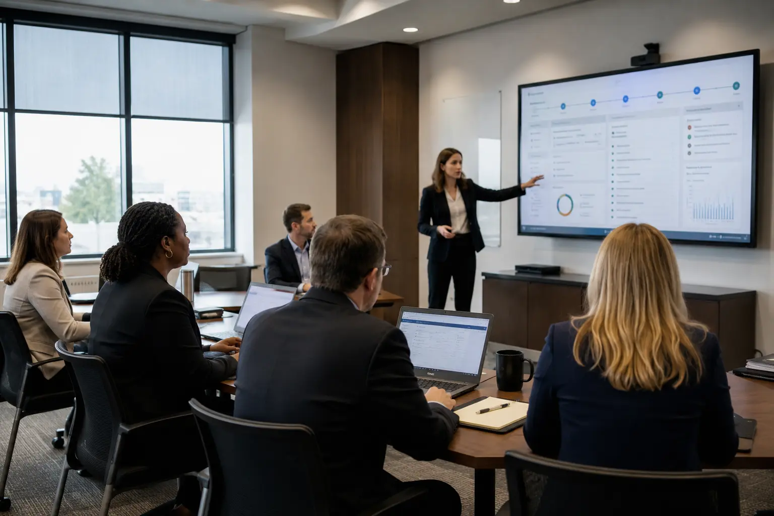 Legal training room with attorneys and staff using laptops during a compliance or legal technology rollout session