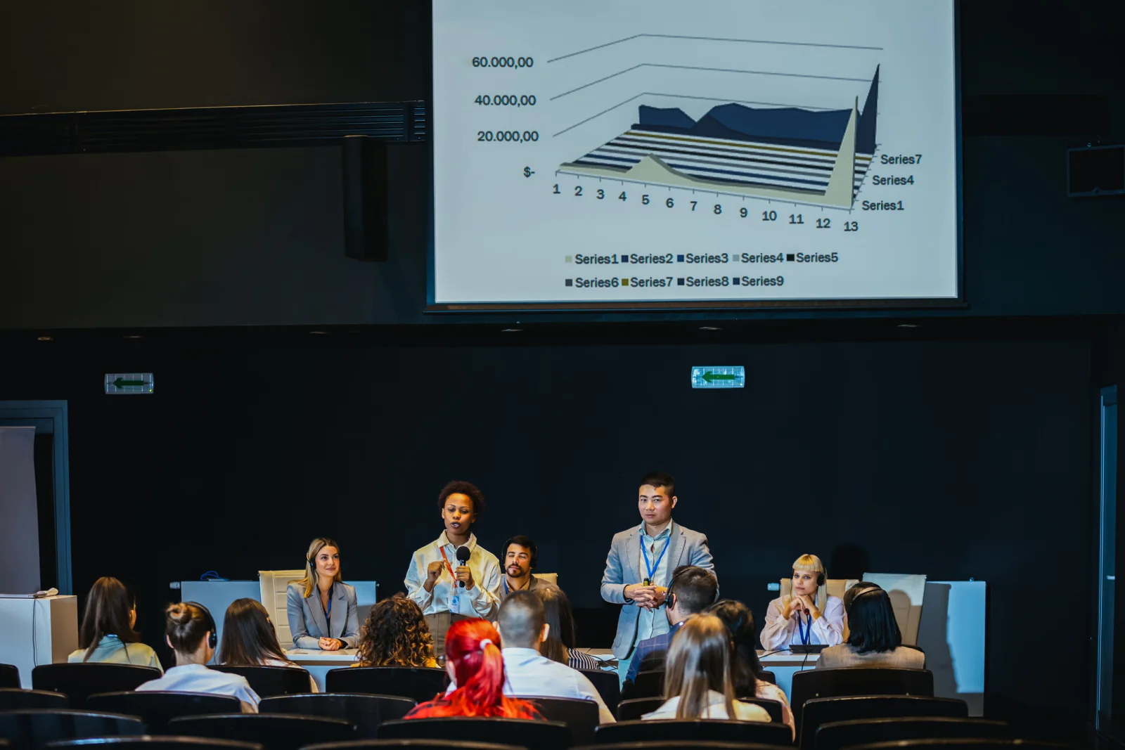 Executive meeting with attendees seated around tables and a presenter using a large display