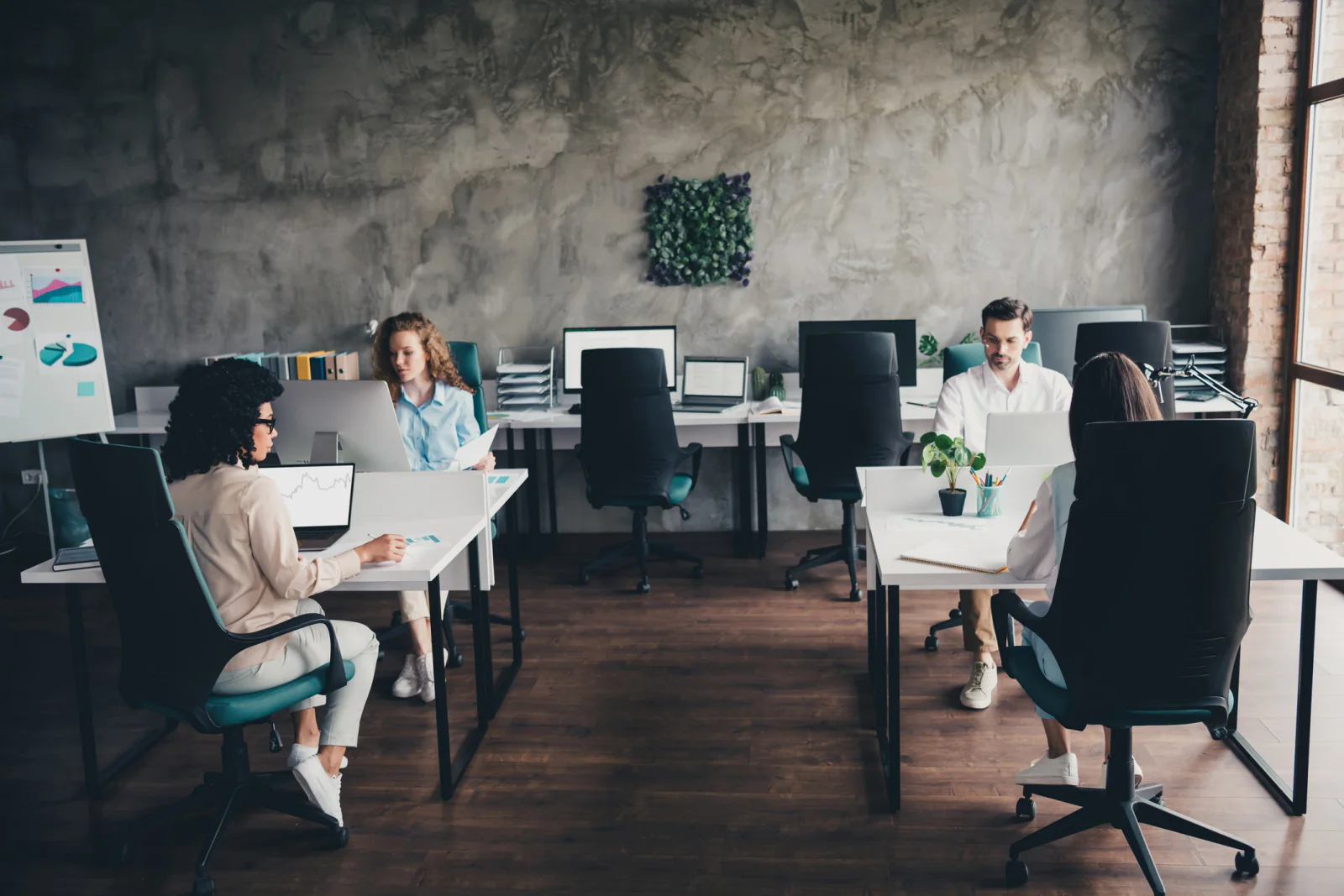 Shared nonprofit office with temporary desks, dual-monitor workstations, printers, and collaborative meeting technology