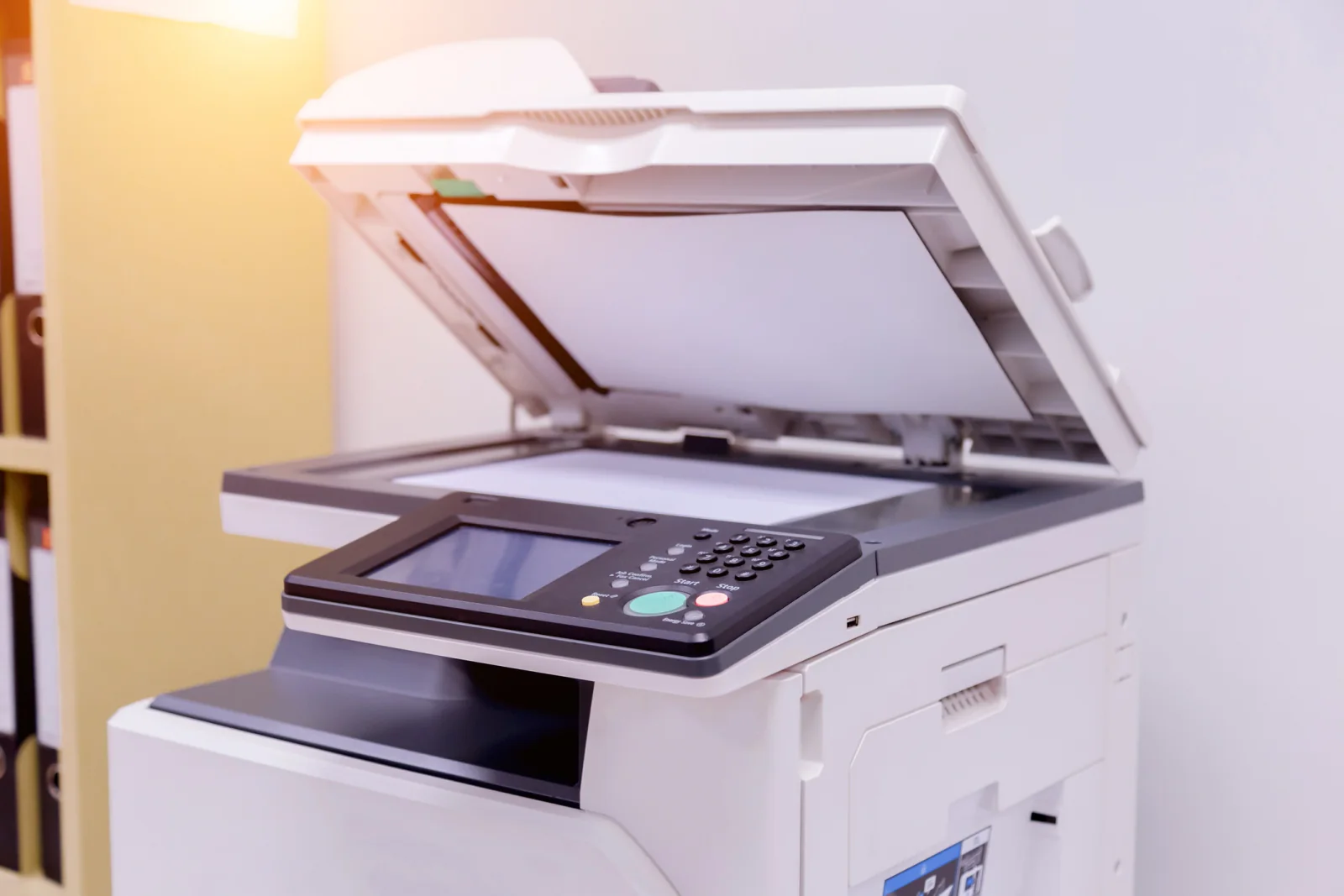 Multifunction copier with touchscreen control panel for temporary office print, copy, scan, and fax workflows