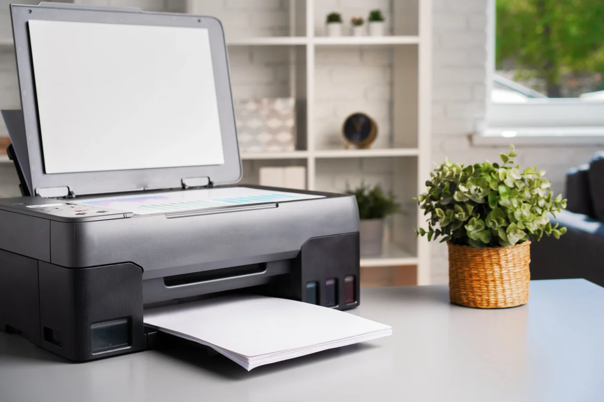 Records project setup with scanner, printer, and shredder for document cleanup and archive conversion