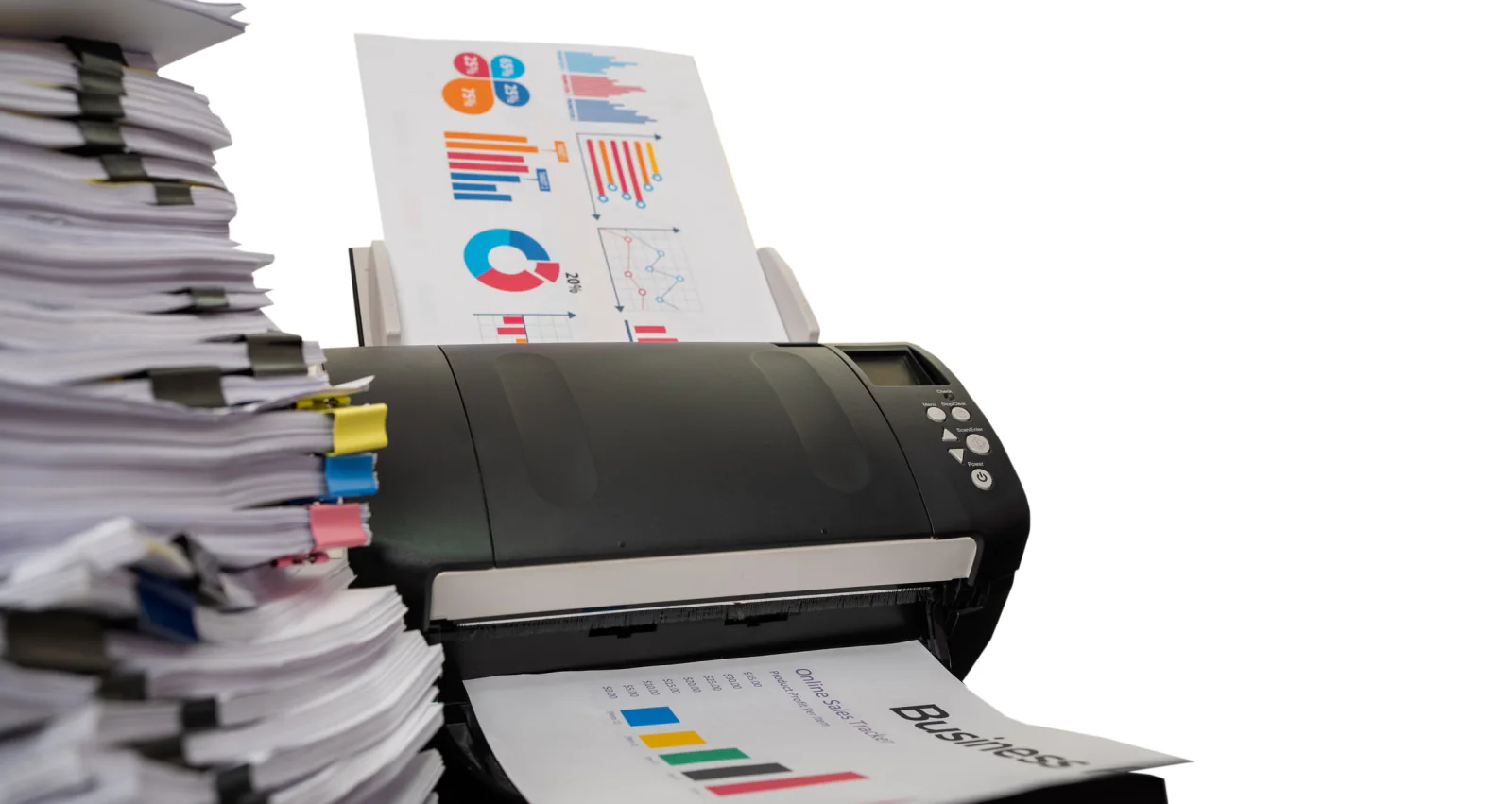 Document scanner being used to scan a stack of papers for records management and digitization work