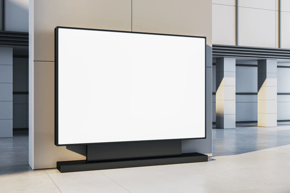 Displays and AV equipment staged for a business event or presentation space
