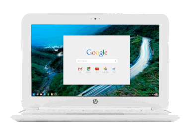 A Chromebook with the screen powered on and showing the Google home screen