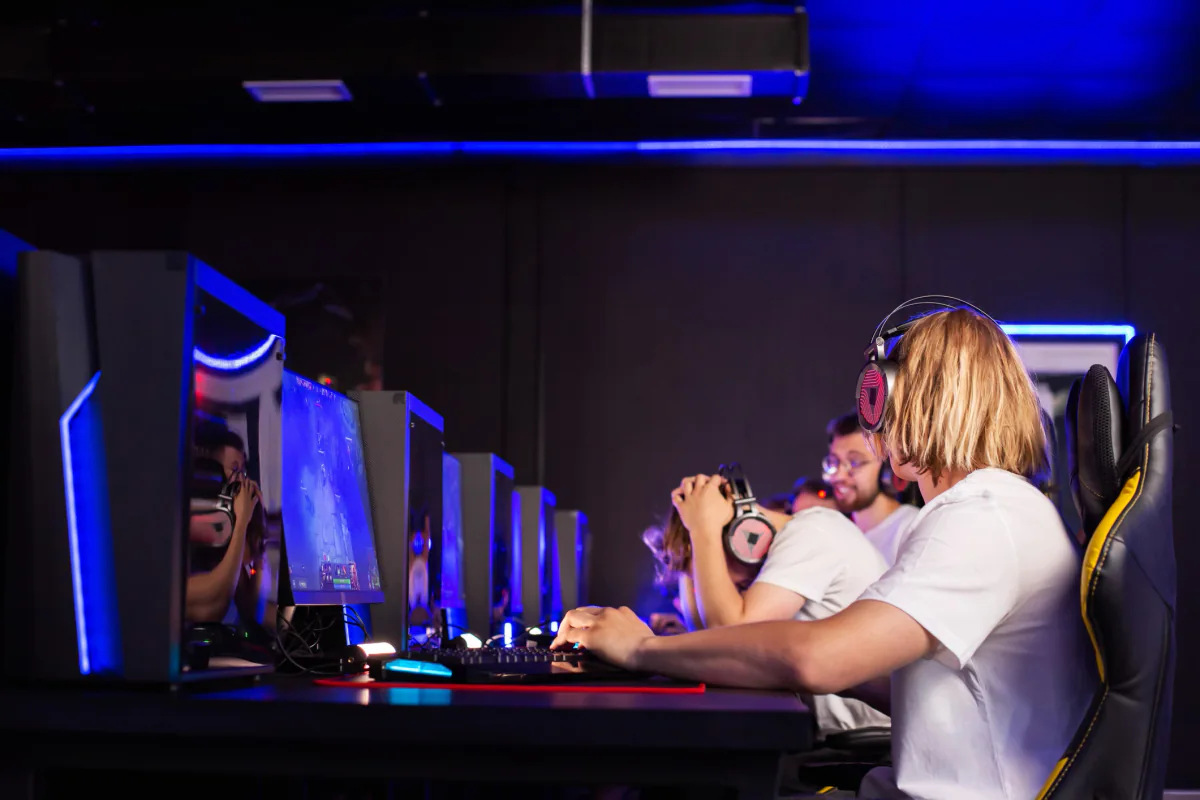 Gaming PCs, monitors, and consoles configured for an esports event and experiential activation