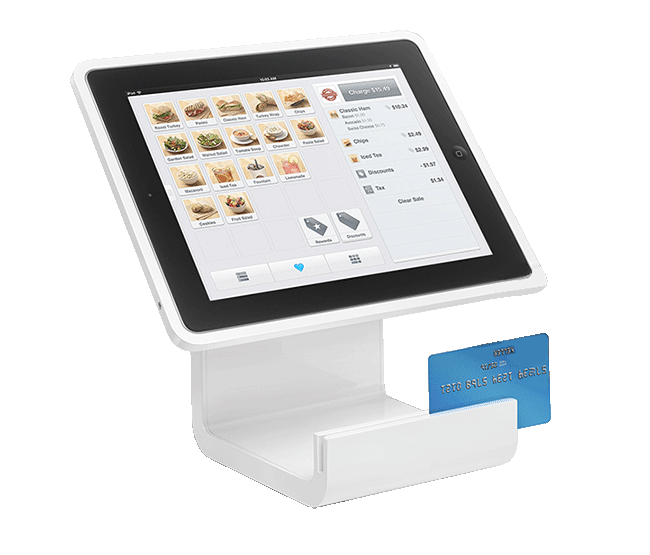 An iPad stand with a built in card reader for payment processing