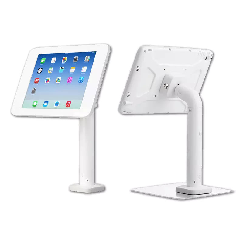 An iPad held in a desktop table stand