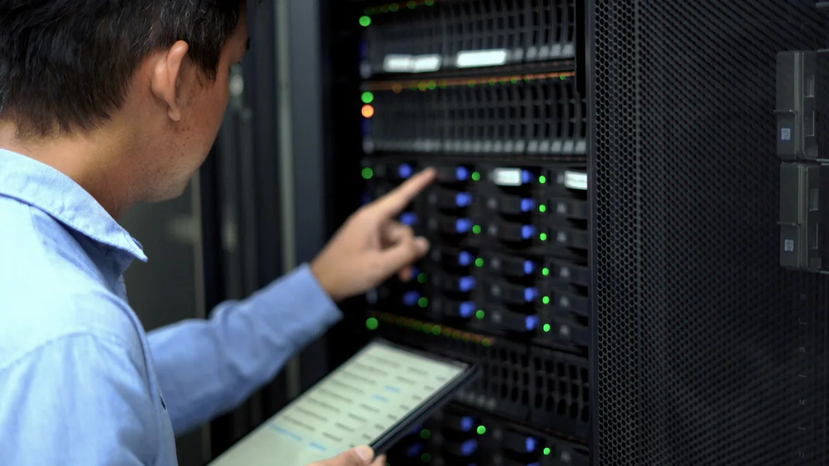 Rack-mounted servers and network switches in a temporary infrastructure and testing environment