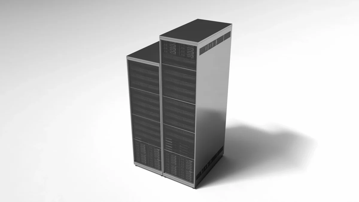 Tower server rentals staged in a temporary office workspace for project operations and local business application support