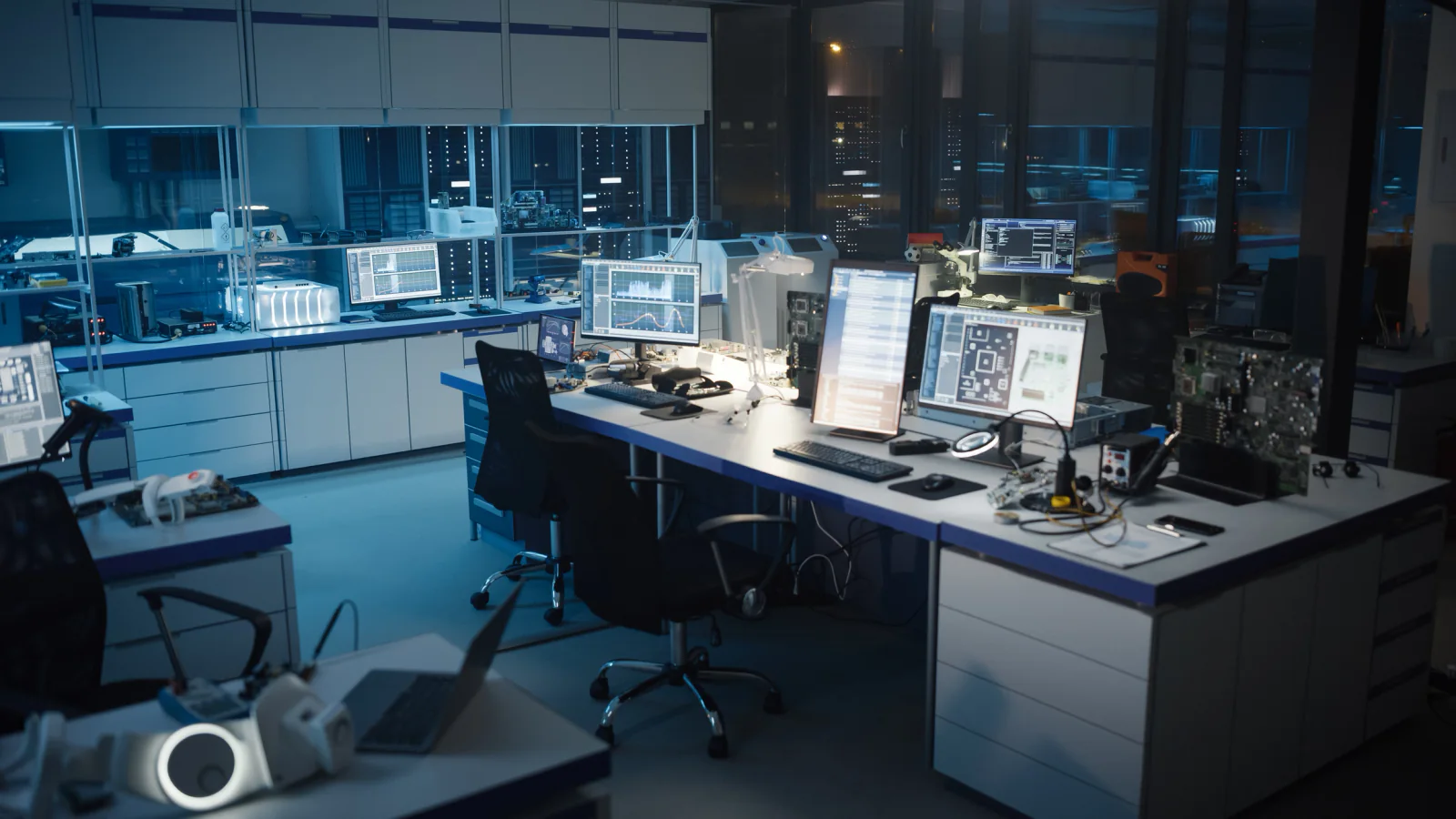 Software testing lab with rental laptops, tablets, and smartphones configured for QA validation and app testing workflows