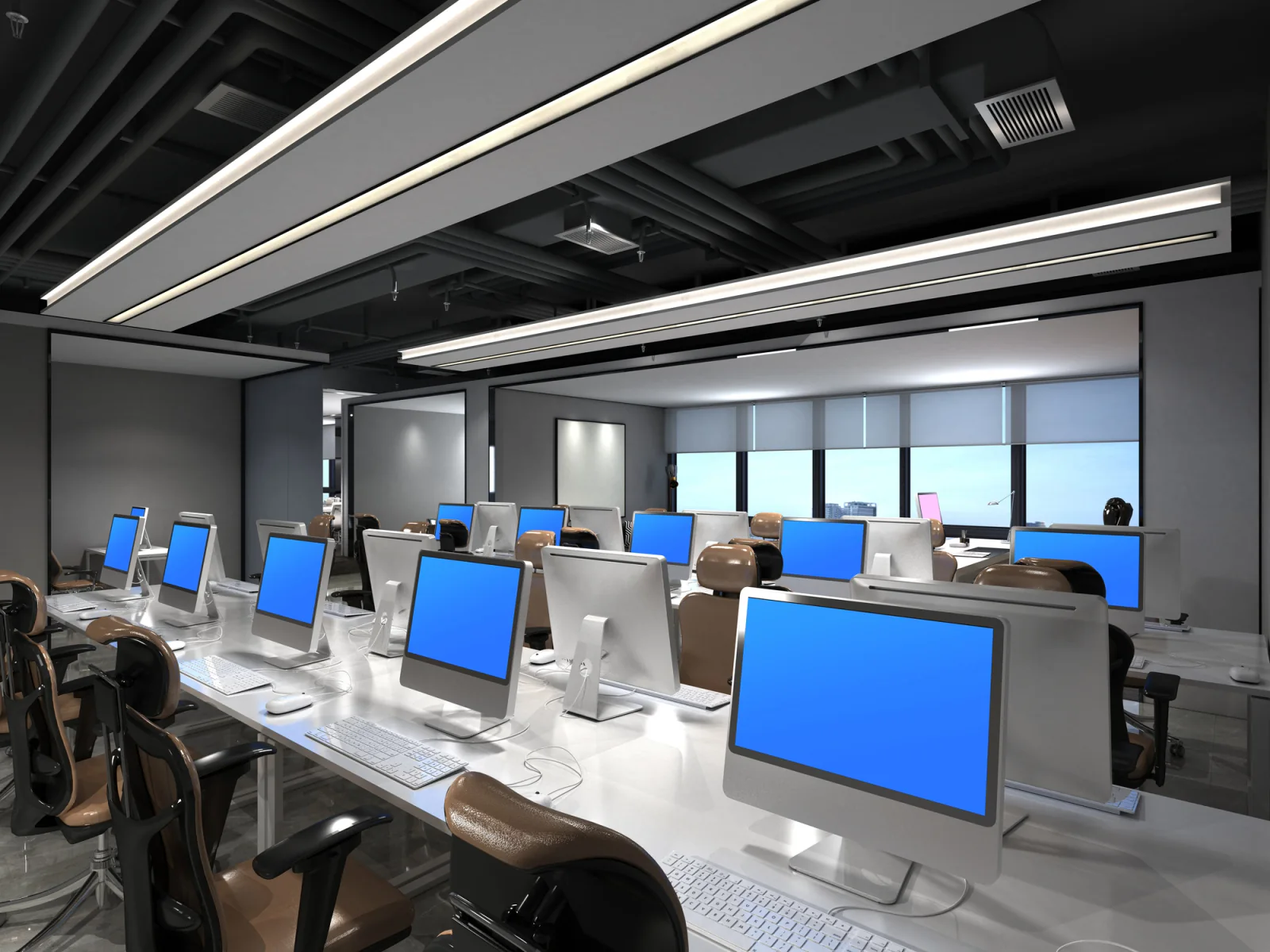 Call center environment with agents working at desktop computers and monitors in a temporary operations setup