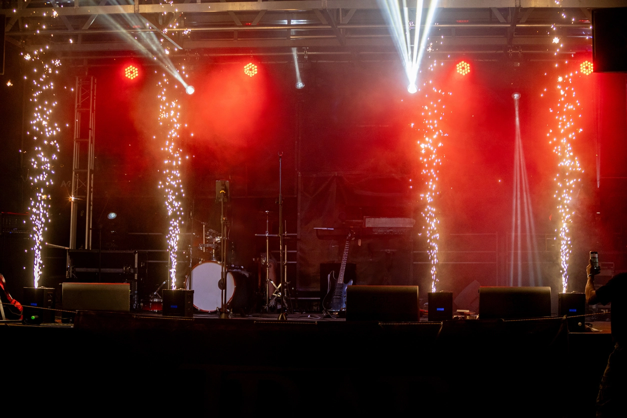 Live event stage using professional lasers cold sparks and atmospheric special effects