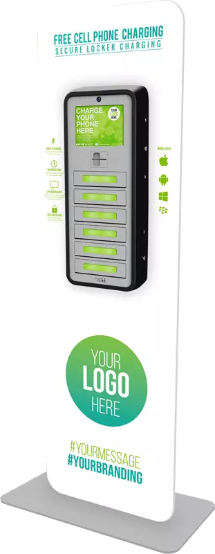 Charging locker rental with secure compartments and custom branding space