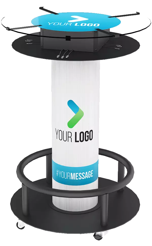 Circular charging table rental with lighting and branding space for events