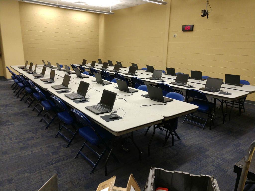 Laptops set up to be used to scout football players in Indianapolis