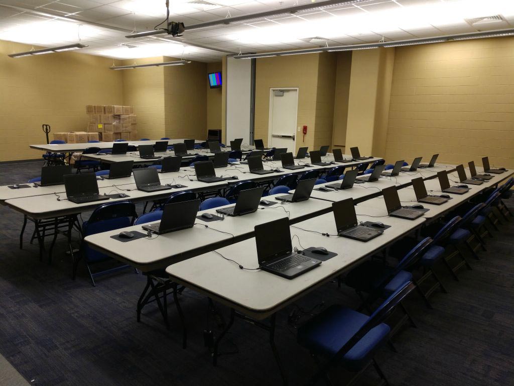 Laptops set up to be used to scout football players in Indianapolis