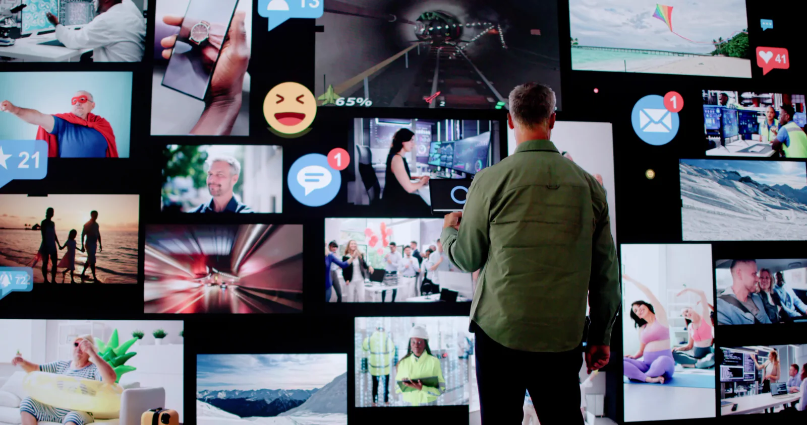 Large social media wall in an event lobby displaying attendee hashtag posts and live event content