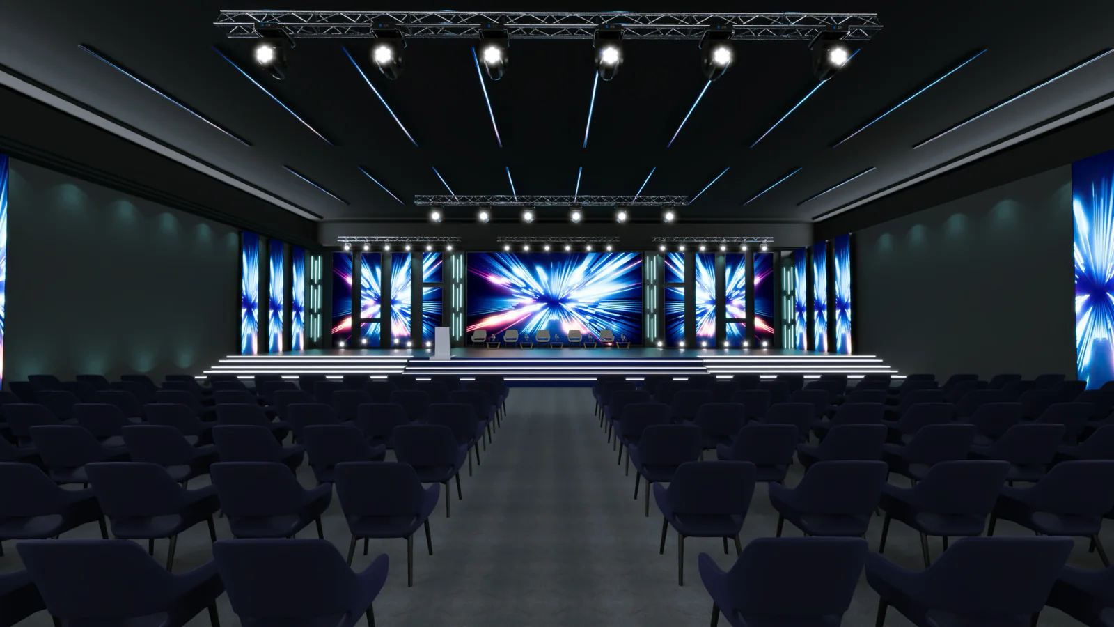 Social media content and engagement metrics displayed on large event screens near a stage or general session area