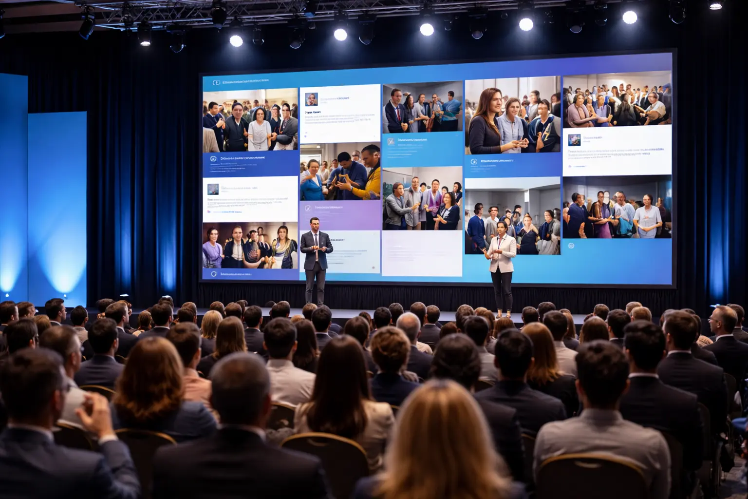Social media content displayed behind a stage during a conference break or general session transition