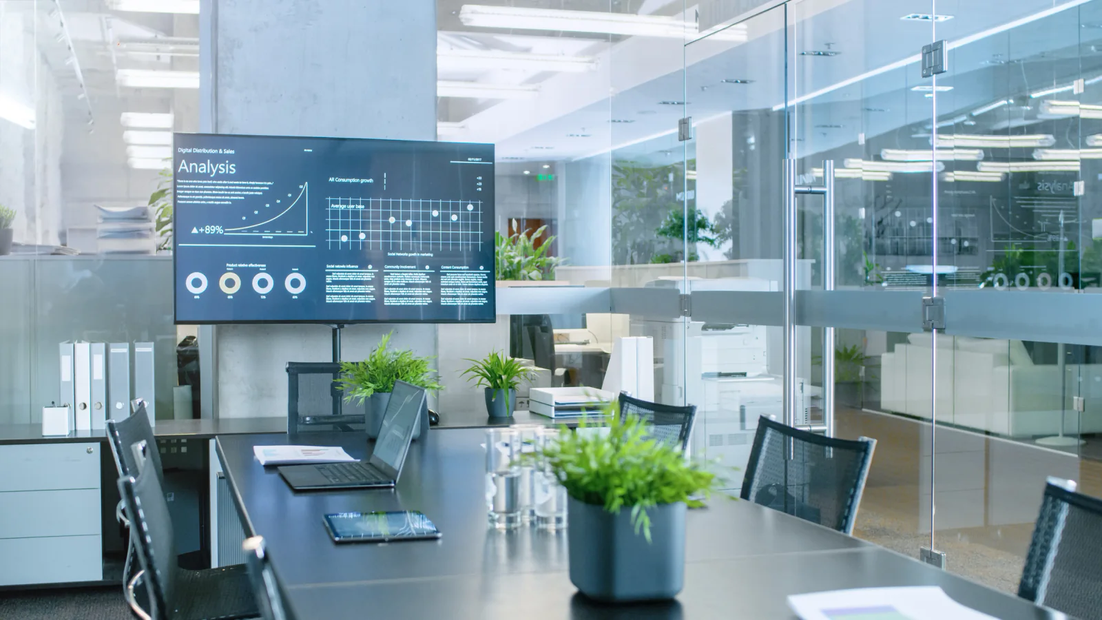 Executive meeting room with 4K television used for premium presentation content