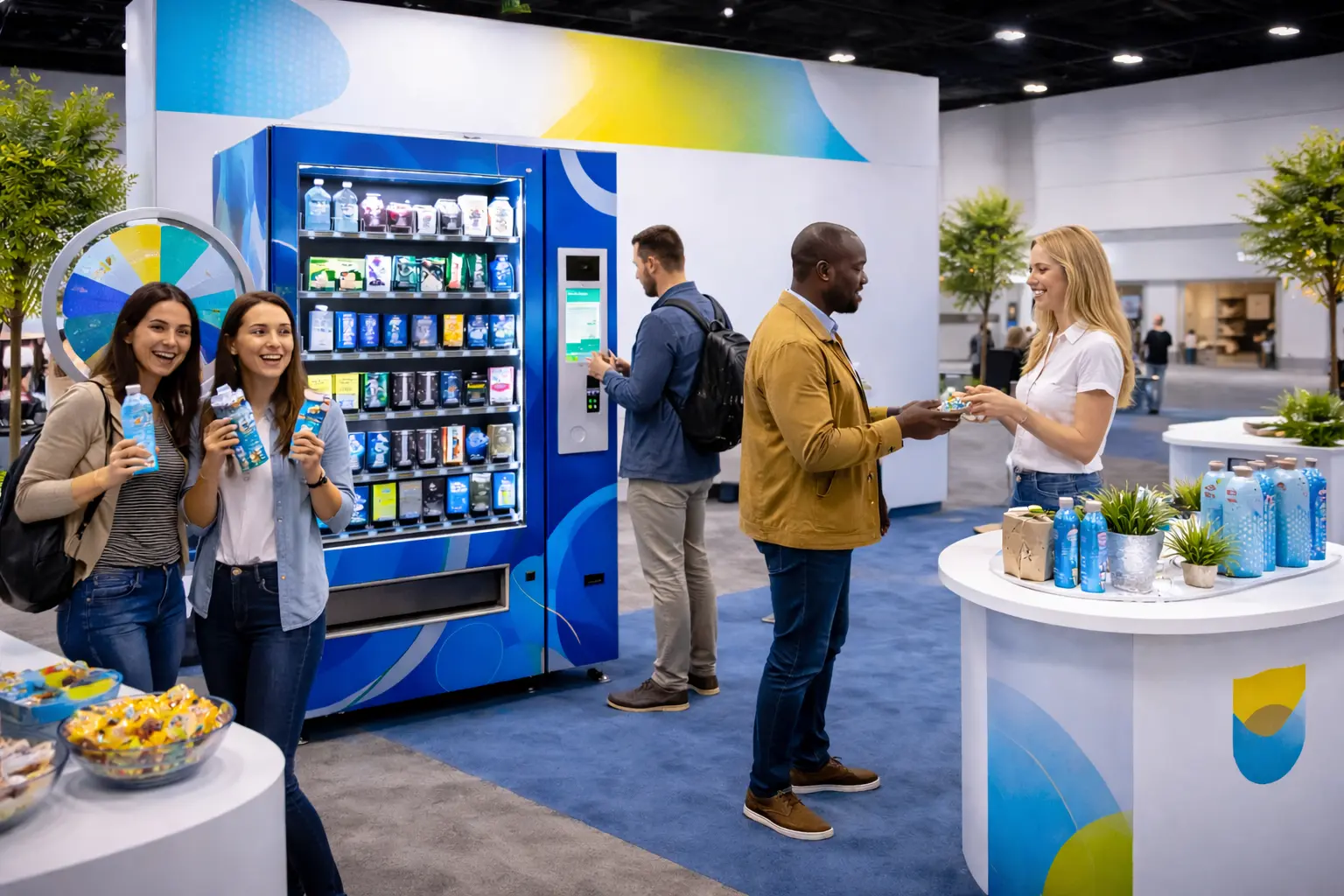 Sponsor branded vending activation at an event with interactive attendee engagement and reward distribution