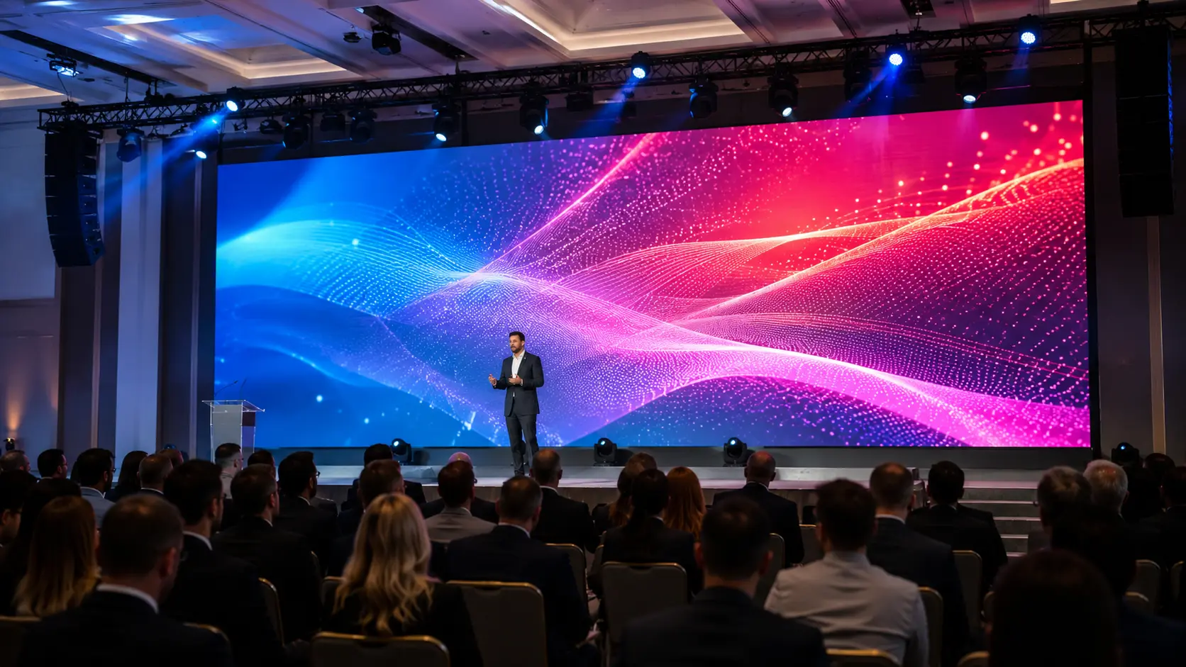 Indoor LED video wall rental used as a bright keynote backdrop for a professional conference