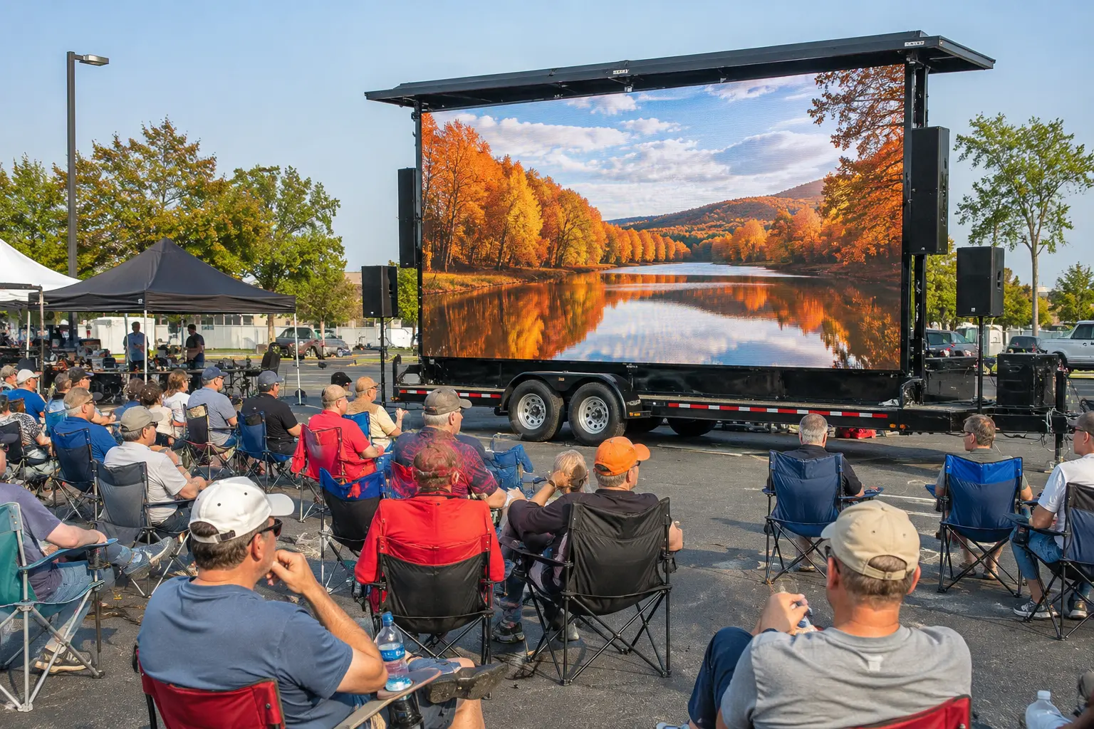 Mobile LED screen trailer rental positioned at an outdoor event for large audience viewing
