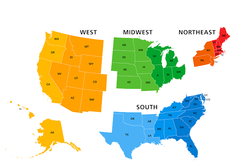A map of the United States, with states sectioned off into different geographical areas