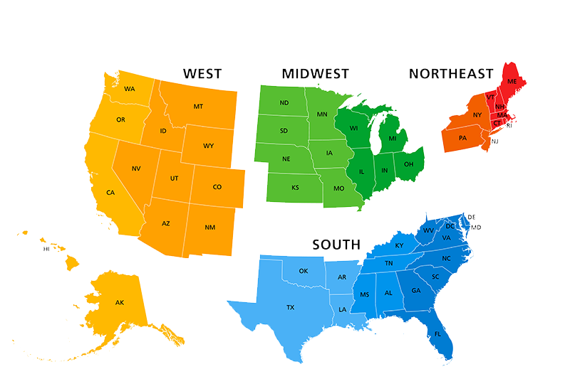 Rentacomputer.com Rental Locations A map of the United States, with states sectioned off into different geographical areas
