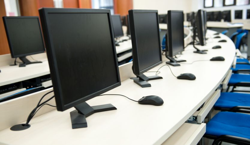 Desktop monitors in a computer lab